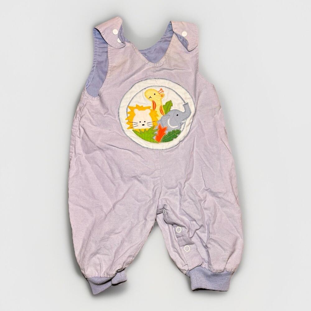 Vintage Baby Animal Overalls Blue Lion Elephant Giraffe Bubble Romper 12M Stain